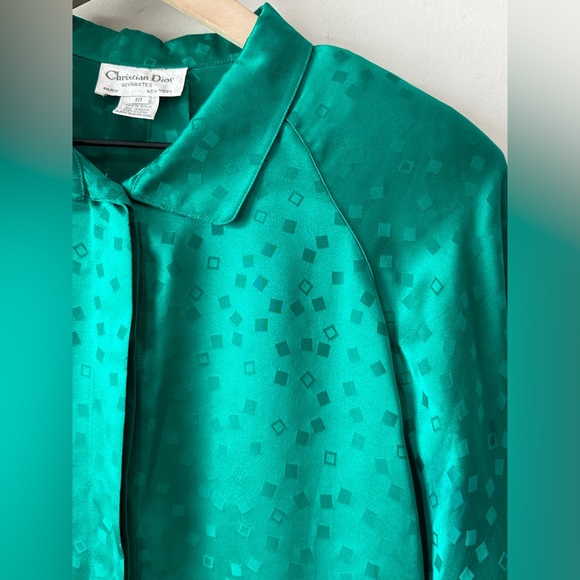 Beautiful Forest Green Vintage 100% Silk Blouse By Christian Dior Size 10 - Picture 5 of 10
